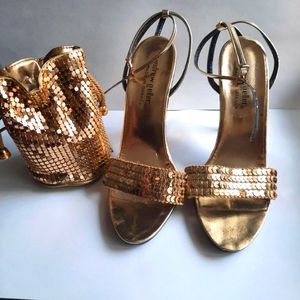 Gold Sequin Strappy Heel and Purse